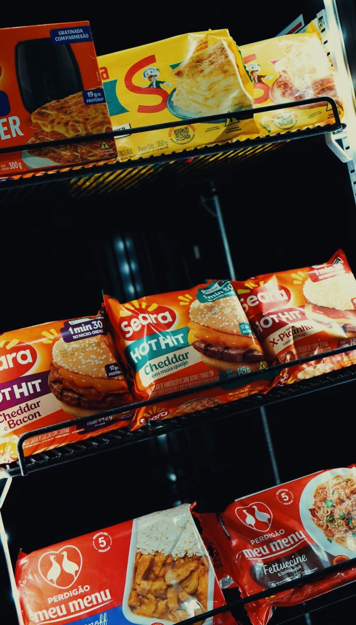 Freezer com lasanhas, hambúrgueres e pratos prontos congelados