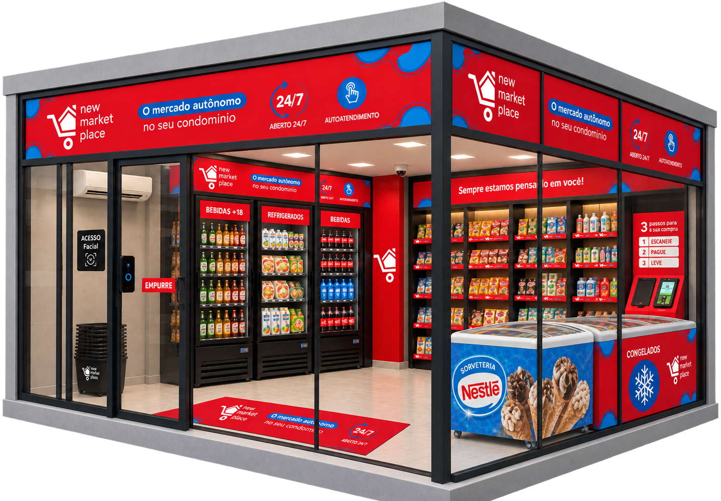 Maquete de uma unidade New Market Place: loja de vidro com testeira vermelha, acesso facial na porta, geladeiras de bebidas, gôndolas de snacks, freezer de congelados e totem de autoatendimento